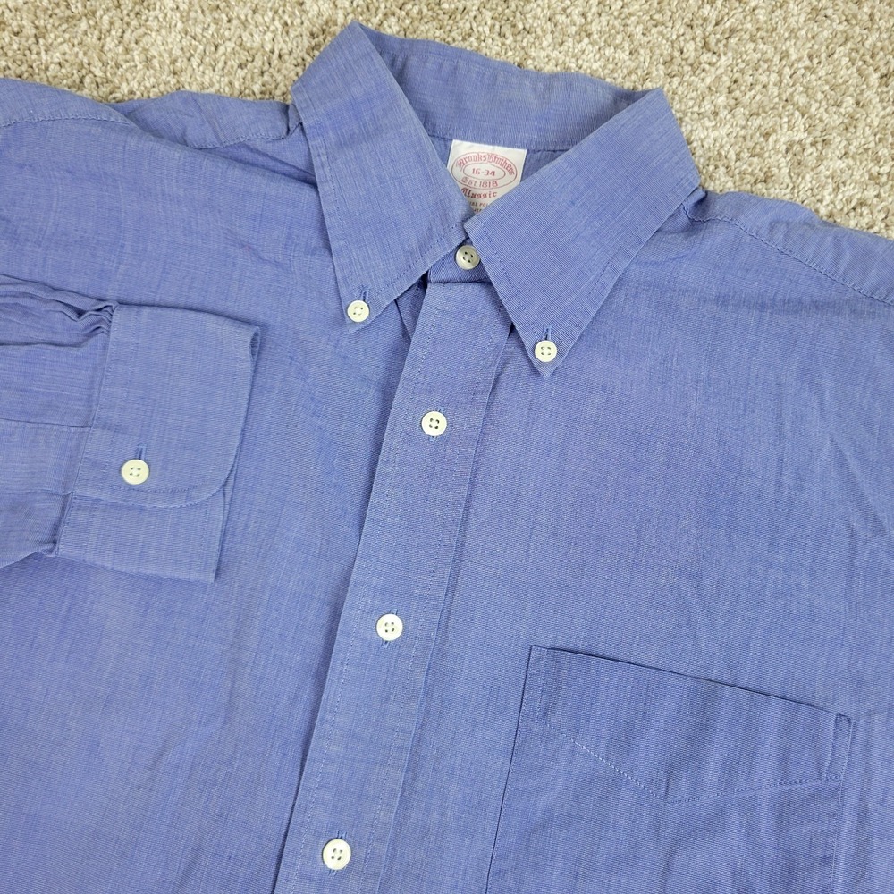 Brooks Brothers Classic Mens 16-34 Solid Blue Button Down Long Sleeve